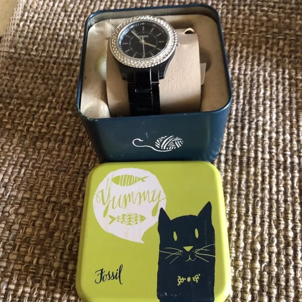 Fossil black resin watch w/ rhinestone face